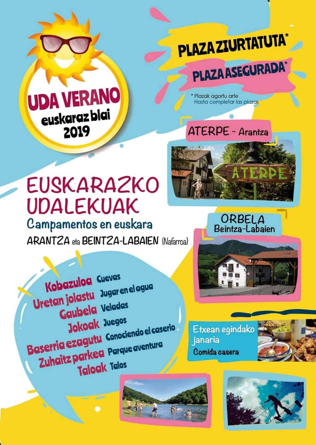 Folleto Euskarazblai Udalekuak, campamentos de verano en euskara